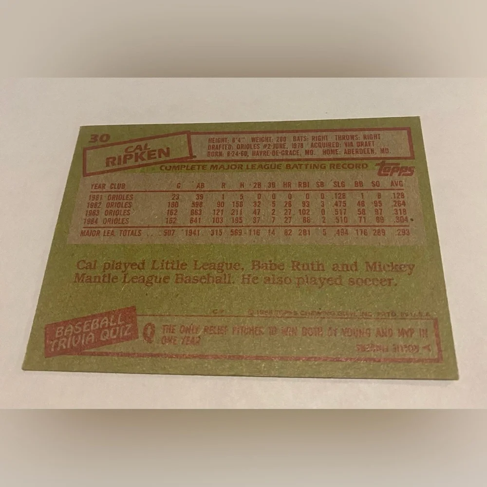 Cal Ripken 1985 Topps Baseball Card Baltimore Orioles Vintage Collectible # 30
